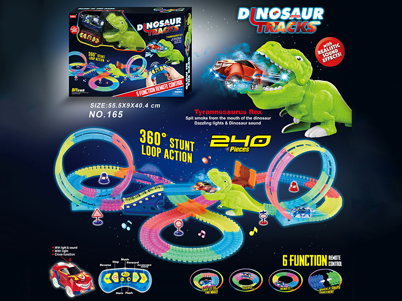 2.4G 6CH R/C Rotating Roller Coaster Spray Dinosaur Glow In The Dark Rail Car With Light 240PCS