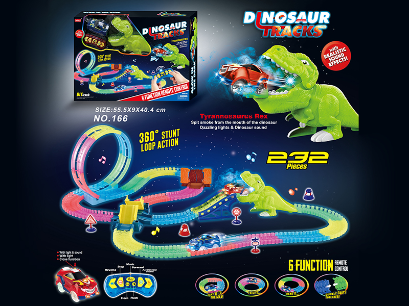2.4G 6CH R/C Rotating Roller Coaster Spray Dinosaur Glow In The Dark Rail Car With Light 232PCS