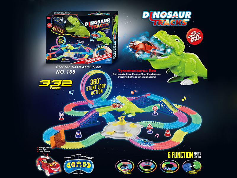 2.4G 6CH R/C Rotating Roller Coaster Spray Dinosaur Glow In The Dark Rail Car With Light 332PCS