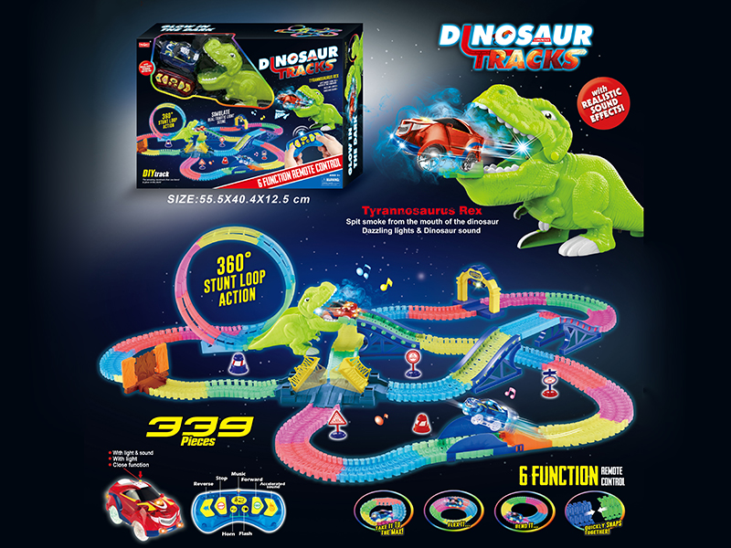 2.4G 6CH R/C Rotating Roller Coaster Spray Dinosaur Glow In The Dark Rail Car With Light 339PCS
