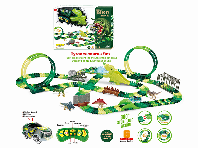 2.4G 6CH R/C Rotating Roller Coaster Spray  Dinosaur Rail Car With Light 308PCS