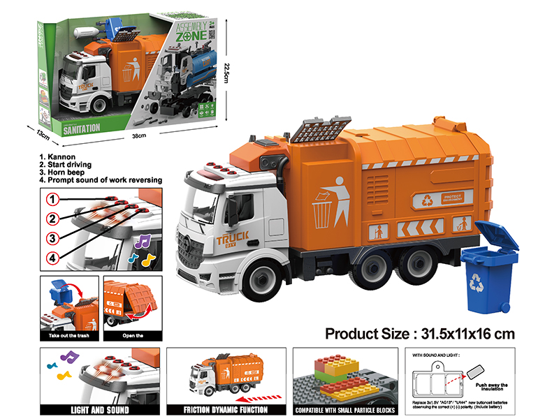 1:12 DIY Assembly Compatible Building Blocks Friction Model Rubbish Car With Sound And Light
