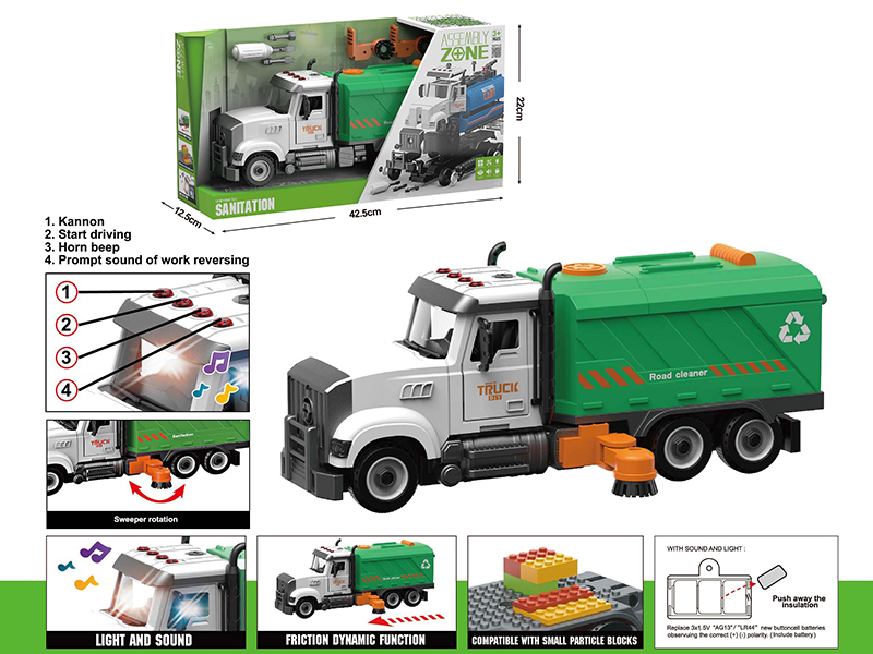 DIY Disassembly And Assembly Acousto-Optical Friction Model Car American Style City Sweeper Compatible With Small Particle Blocks