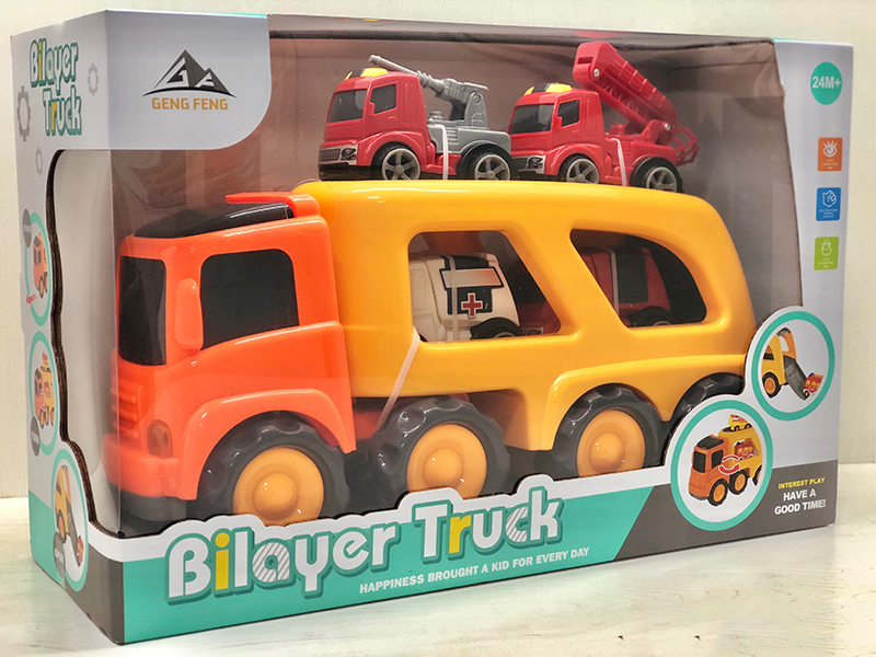 Friction Cartoon Trailer Transport Car With Light And Music(4 Slide Cartoon  Fire Engine)