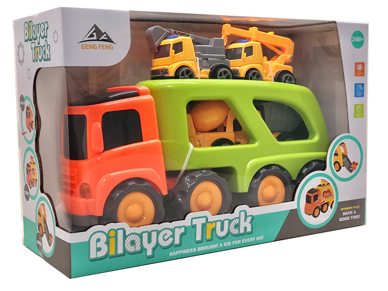 Friction Cartoon Trailer Transport Car With Light And Music(4 Slide Cartoon Engineering Truck)