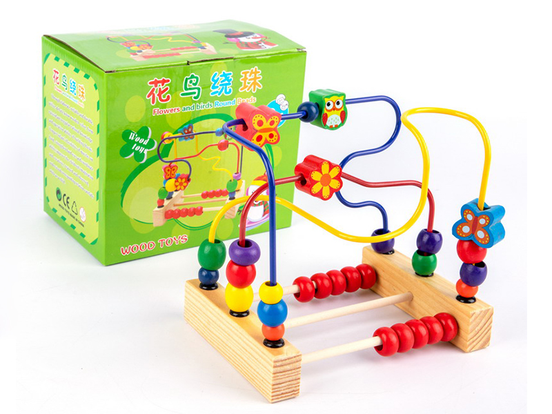 Wood flower and bird round beads