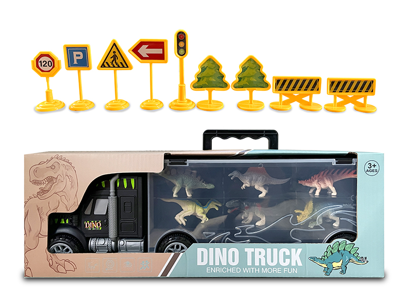 Portable Friction Container Car With Dinosaur  8pcs,Guidepost