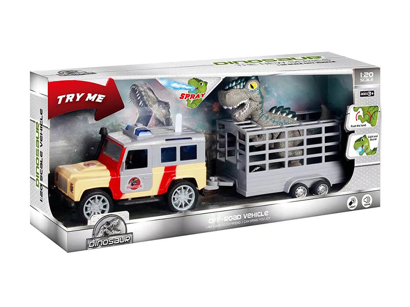 1:20 Friction Jeep Dinosaur Trailer(Car With Sound And Light,Dinosaur With Sound And Light,Spray)