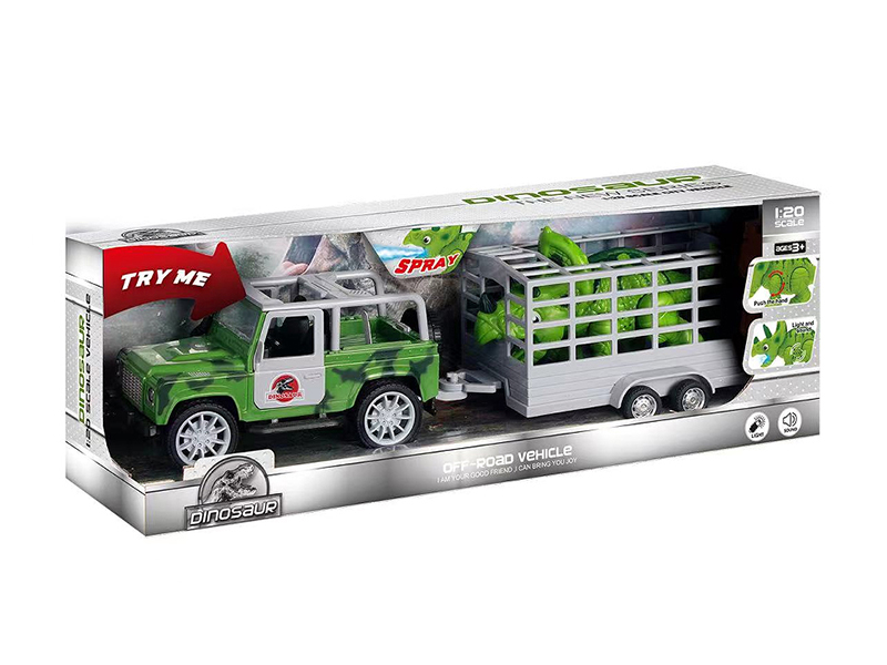 1:20 Friction Jeep Dinosaur Trailer(Car With Sound And Light,Dinosaur With Sound And Light,Spray)