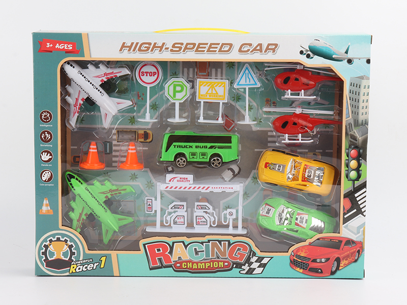 Pull Back Airplane,Bus,Car + Gas Station Road Sign Helicopter