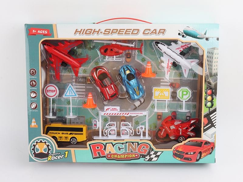 Pull Back Airplane,Bus,Motorcycle + Gas Station Road Sign Helicopter