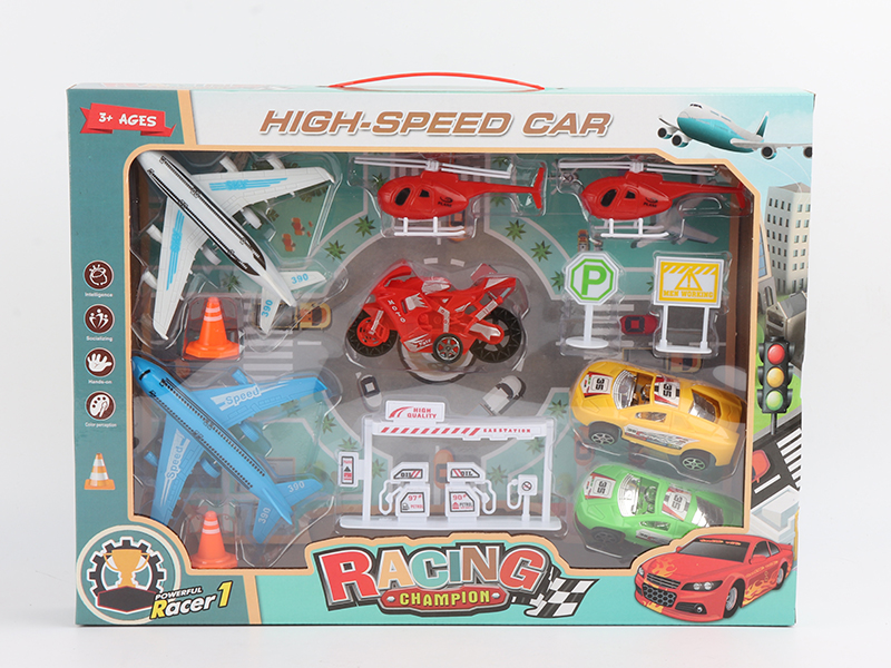 Pull Back Car,Airplane,Motorcycle + Gas Station Road Sign Helicopter