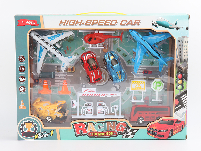 Pull Back Airplane,Bus,Motorcycle + Slide Helicopter,Gas Station,Road Sign