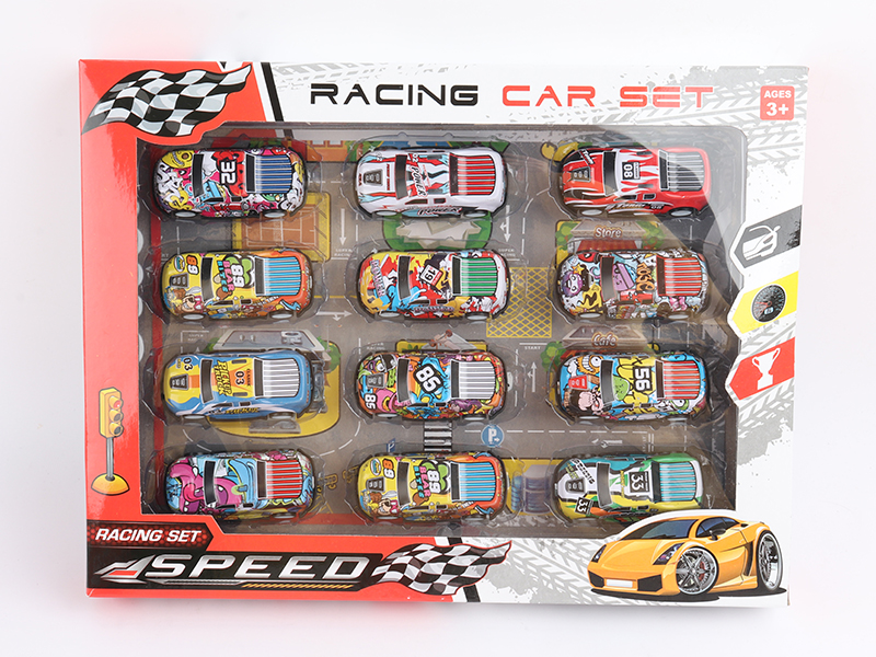 12 Graffiti Pull Back Iron Sheet Cars