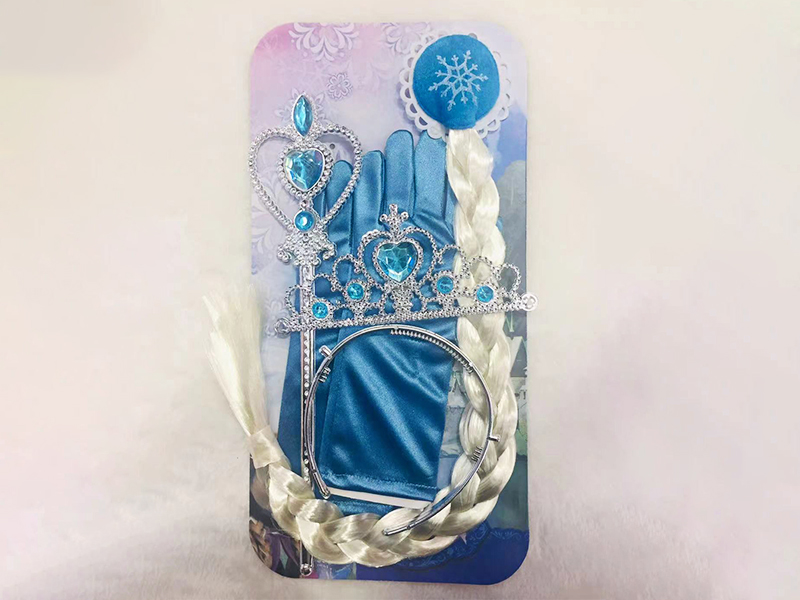4PCS Blue Diamond Heart Stick + Blue Diamond Crown + Wig Braid Hair Accessories + Gloves
