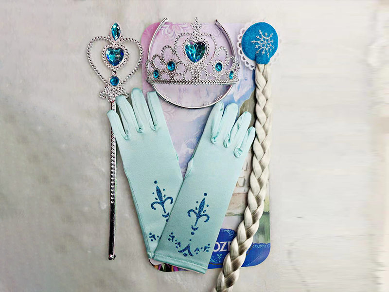 4PCS Ice And Snow Blue Diamond Peach Heart Stick + Blue Diamond Crown + Wig Braid Hair Accessories + Gloves