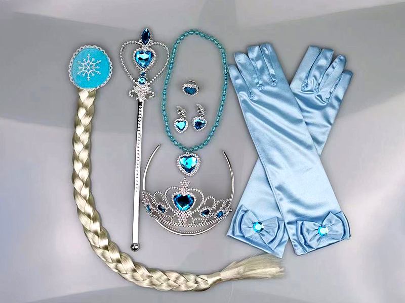 7PCS Blue Diamond Heart Stick + Blue Diamond Crown + Wig Braid Hair Accessories + Gloves + Blue Diamond Necklace + Blue Diamond Earrings + Blue Diamond Ring