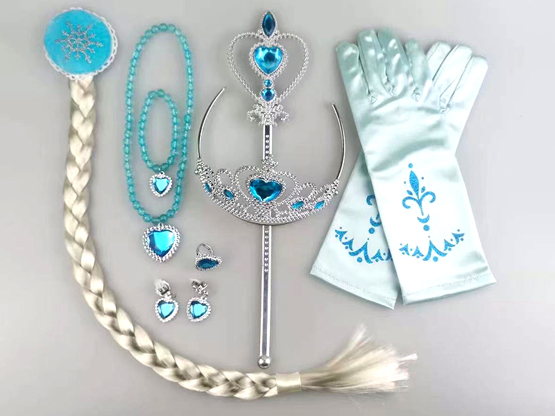 7PCS Blue Diamond Heart Stick + Blue Diamond Crown + Wig Braid Hair Accessories + Gloves + Blue Diamond Necklace + Blue Diamond Earrings + Blue Diamond Ring
