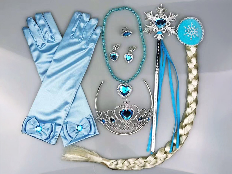 7PCS Blue Diamond Snowflake Stick + Blue Diamond Crown + Wig Braid Hair Accessories + Gloves + Blue Diamond Necklace + Blue Diamond Earrings + Blue Diamond Ring