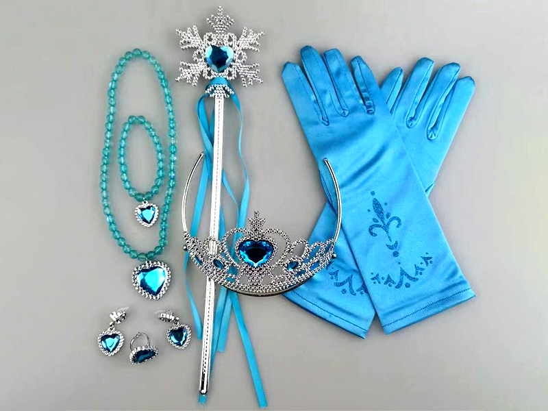 7PCS Blue Diamond Snowflake Stick + Blue Diamond Crown + Wig Braid Hair Accessories + Gloves + Blue Diamond Necklace + Blue Diamond Earrings + Blue Diamond Ring