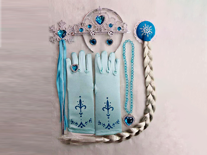 7PCS Blue Diamond Snowflake Stick + Blue Diamond Crown + Wig Braid Hair Accessories + Gloves + Blue Diamond Necklace + Blue Diamond Earrings + Blue Diamond Ring