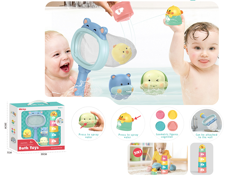 Hippo Scoop Net + Vinyl Animals Bath Toys + Jenga