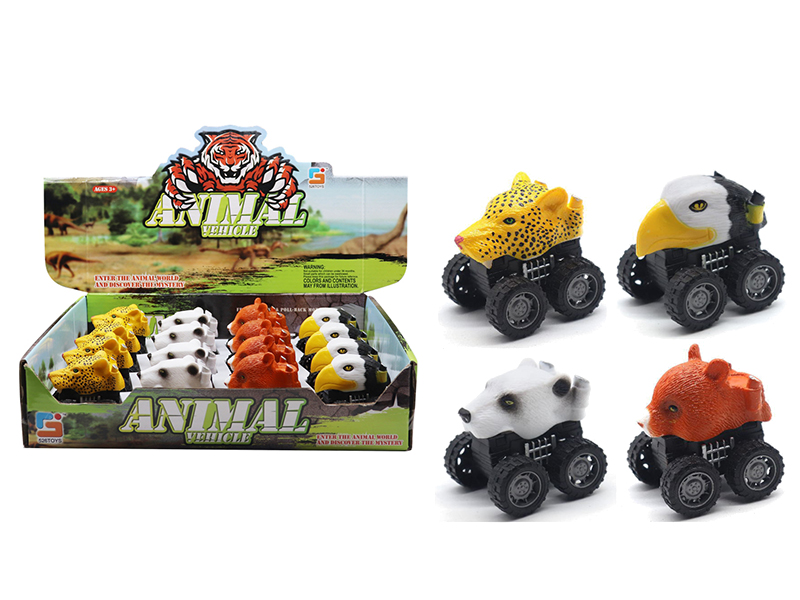 Animal Head Pull Back Car 16pcs