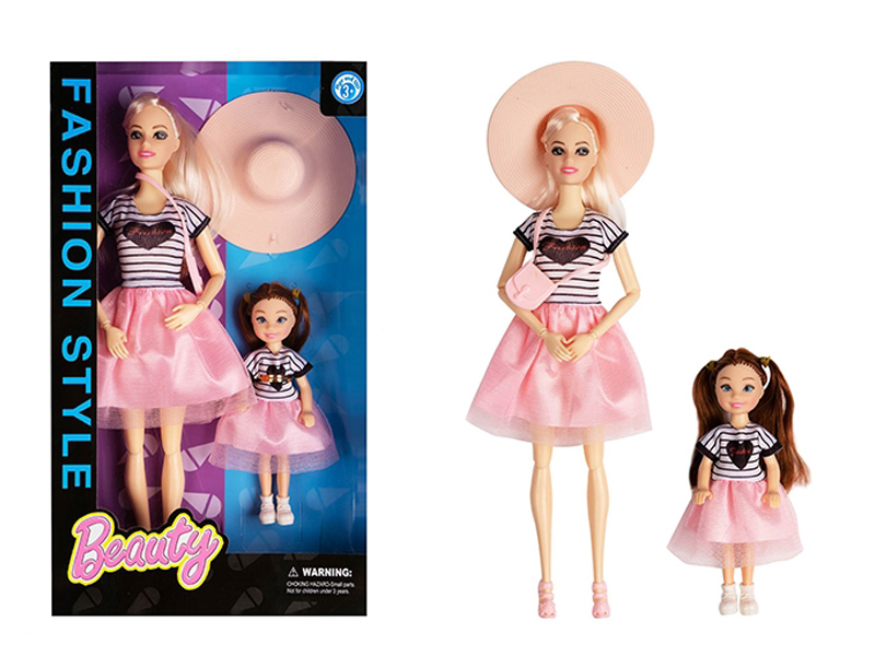 11.5 Inch Solid 12 Joint Fashion Dress Doll With Little Girl And Big Hat Bag
