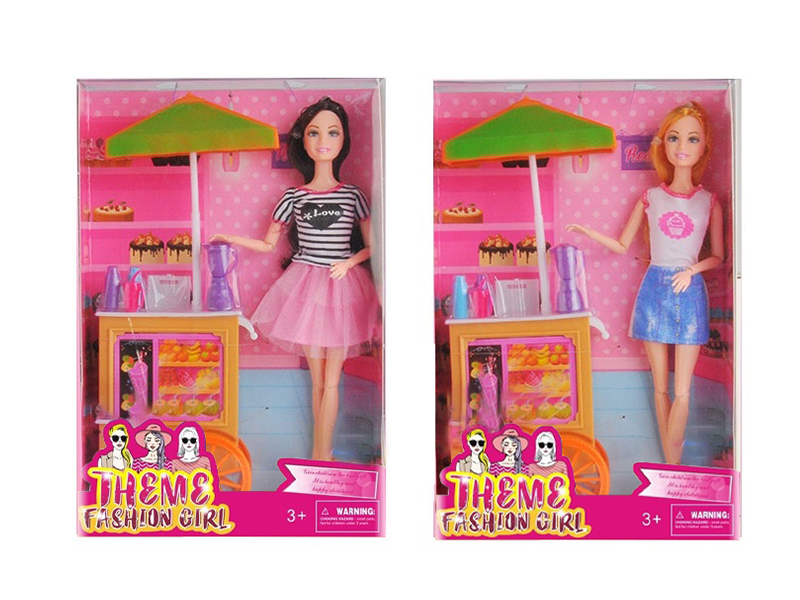 Juice Store Theme 11.5 Inch Solid Body 11 Joint Long Hair Fashion Short Skirt Doll With Cart, Juicer Blister Accessories