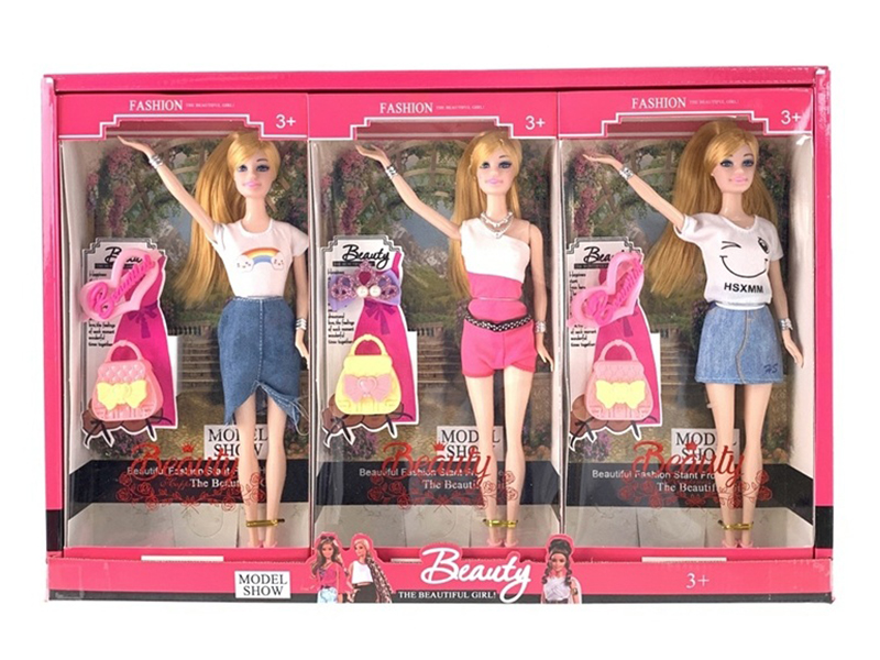 3Pcs 11.5 Inch Solid Living Hand Fashion Short Skirt Doll With Bracelet And Handbag