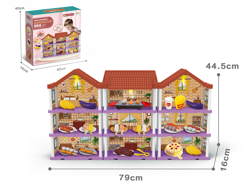 Diy Villa Set With Building Blocks / 6 Wood People / Three Lights