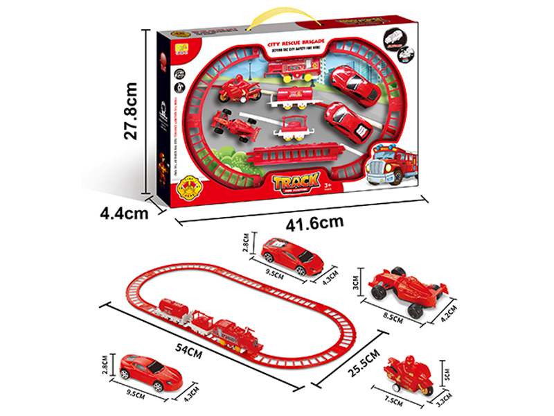 B/O Fire Rail Car Set + 4 Pull Back Car
