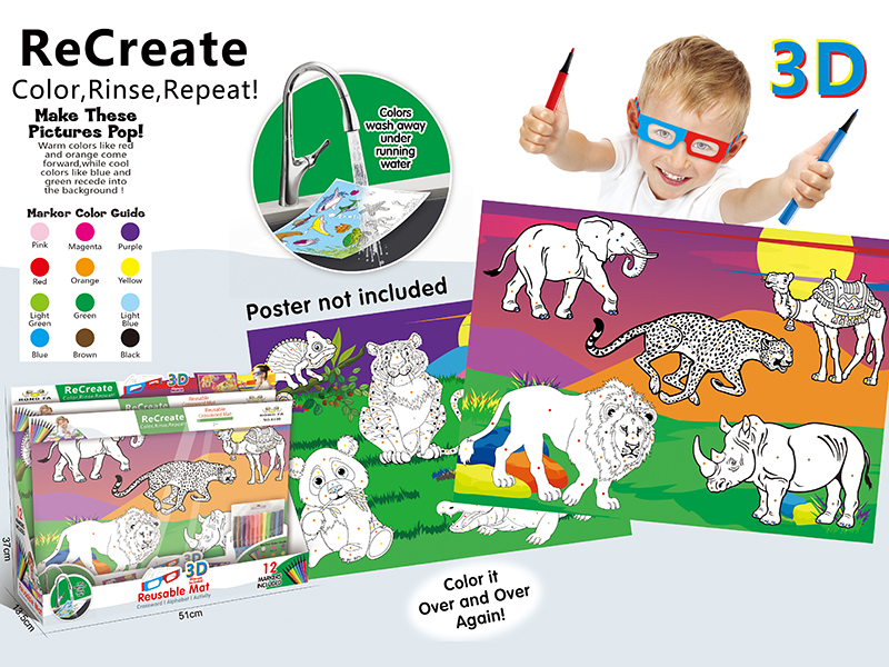 Large 3D Coloring Mat(Animal World, Washable) 12PCS/Box