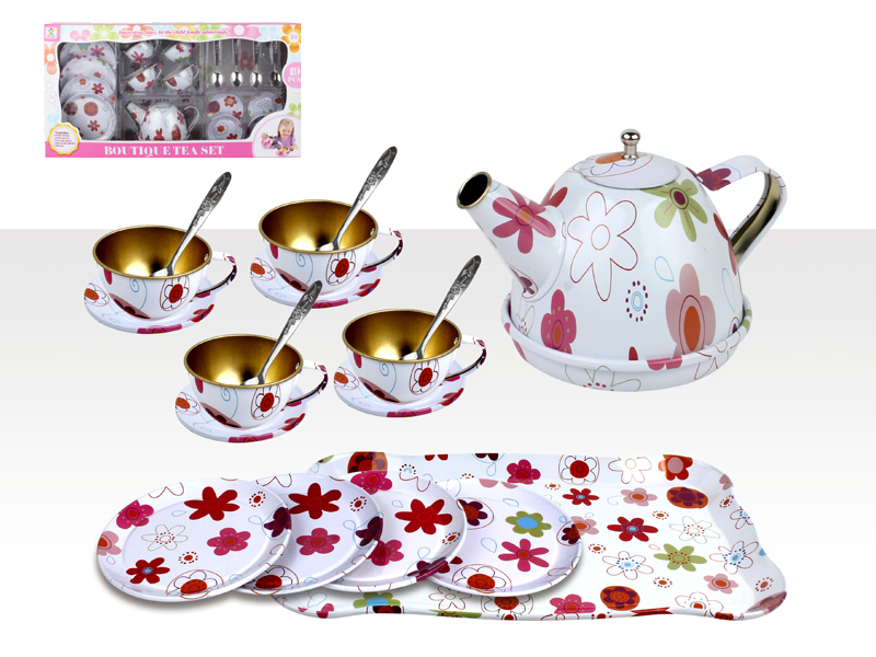 Tinplate White Flower Tea Set With Spoon