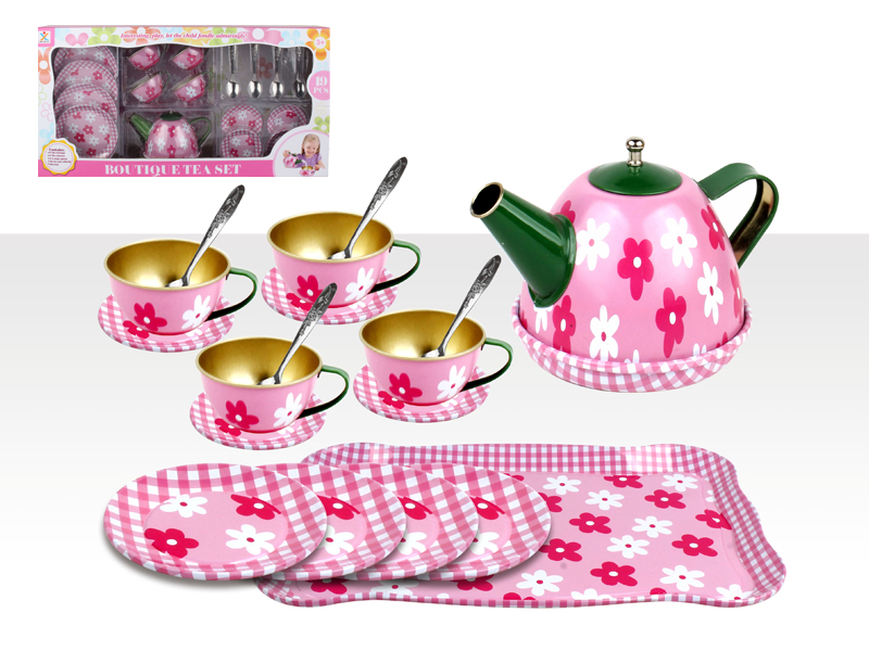 Tinplate Pink Bottom Flower Tea Set With Spoon