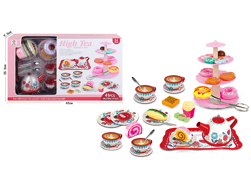Tinplate Double Sided Red Tea Set + Dessert Toys