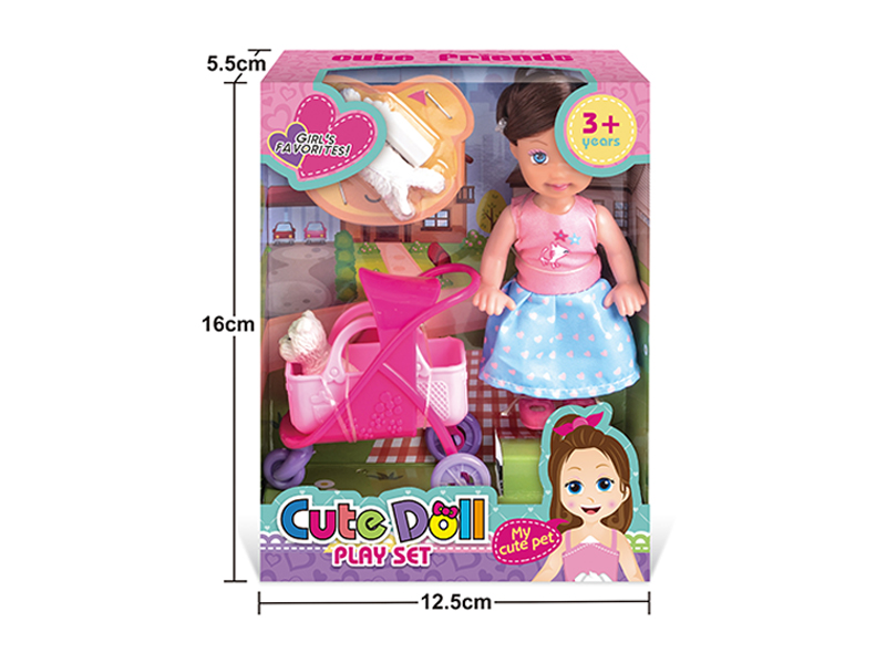 4.5 Inch Doll With White Dog Cart Set