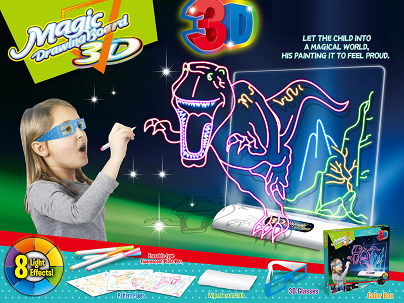 Large 8-Color 3D Light Drawing Board With Glasses - Dinosaur Version