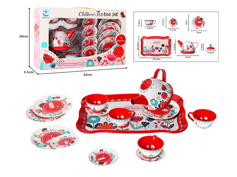 Big Red Fower Pattern Tea Set 15pcs