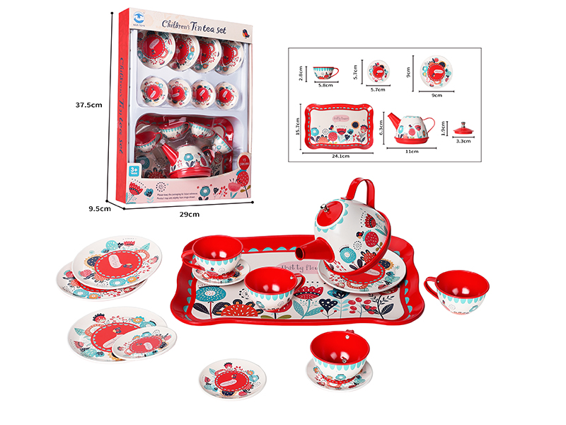 Red Fower Pattern Children's Tea Set 15pcs