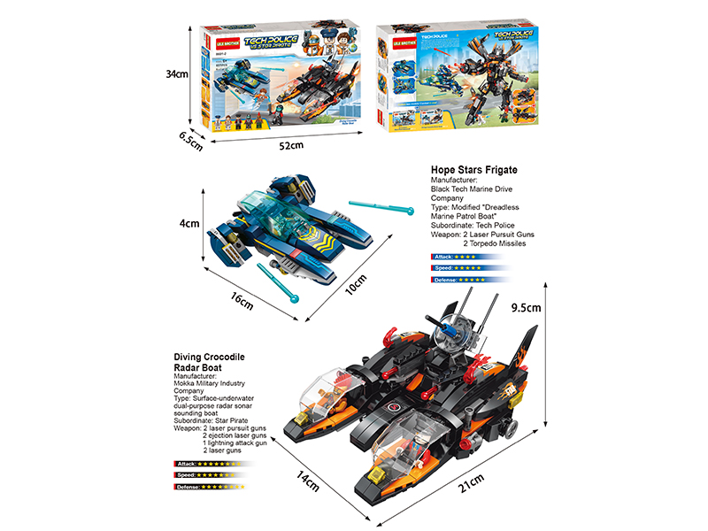 Tech Police Series Building Blocks - Diving Crocodile Radar Boat 657PCS