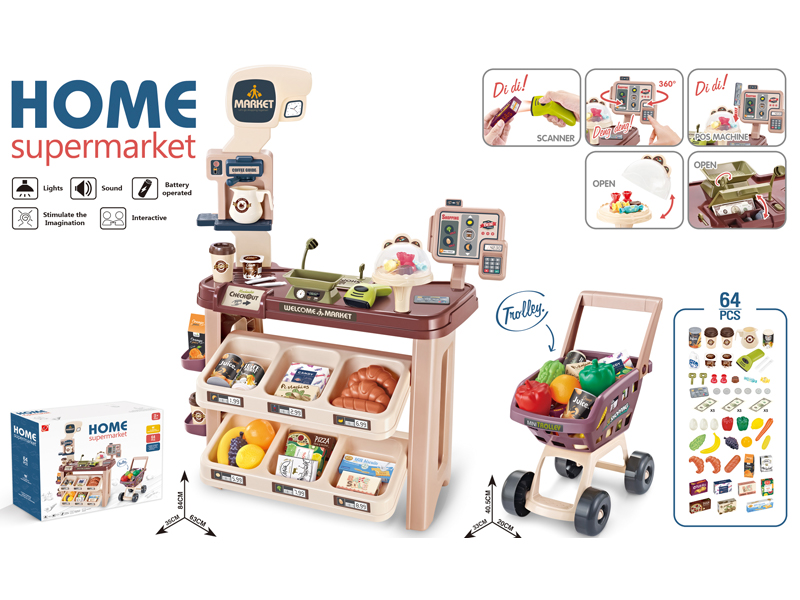 Supermarket Combination Set + Shopping Cart + Live Scanner + Cash Register Card Reader