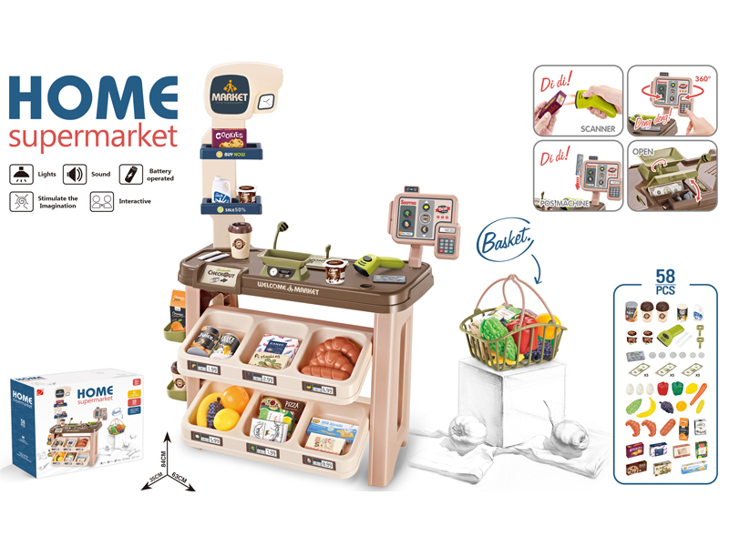 Supermarket Combination Set + Shopping Basket + Live Scanner + Cash Register Card Reader