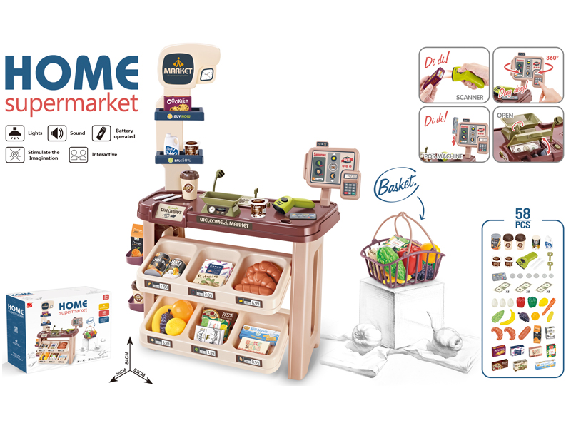 Supermarket Combination Set + Shopping Basket + Live Scanner + Cash Register Card Reader