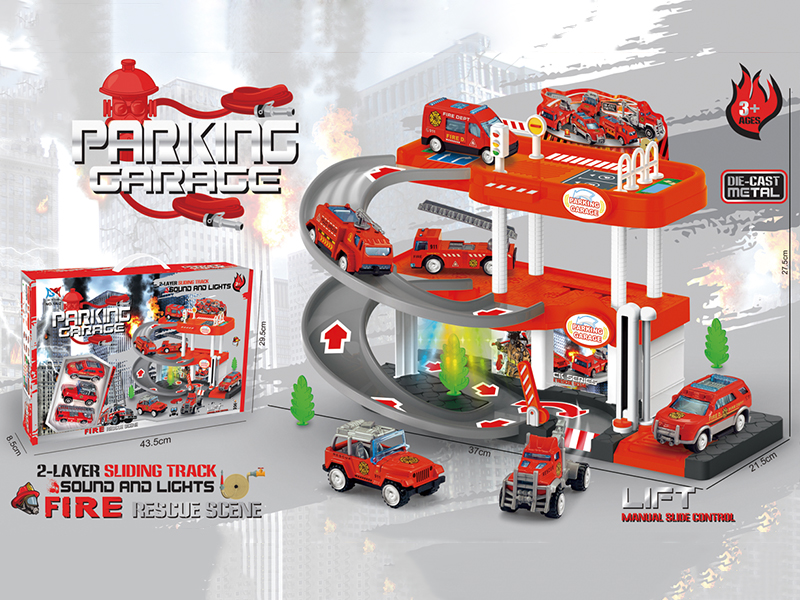 Alloy Fire Engine 3-Layer Parcking Lot With Light And Music