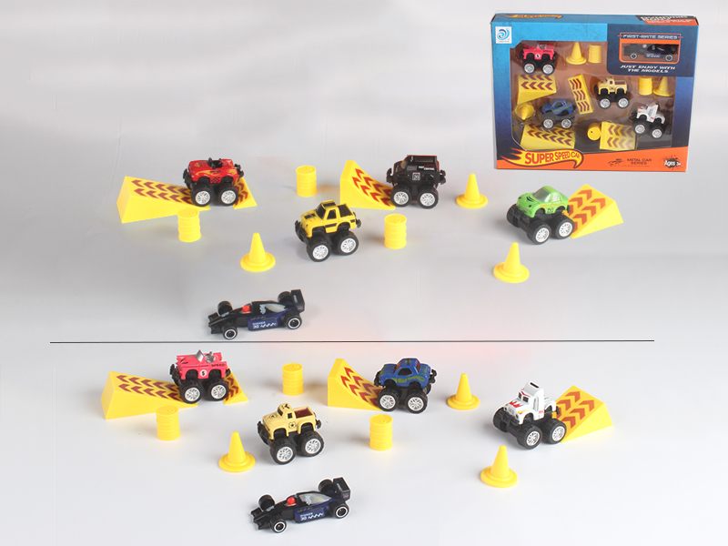 4 Slide Alloy Cross Country Car + 1 Slide Alloy Equation Car + 10 Roadblock Accessories