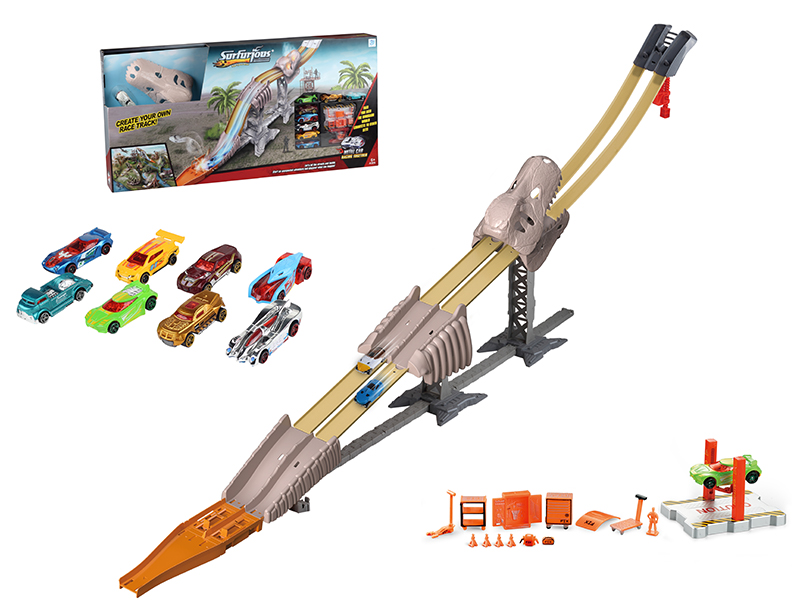 Dinosaur Skeleton Double Track Race Rail Car With Spray, Light, Dinosaur IC(With 9 Alloy Cars)