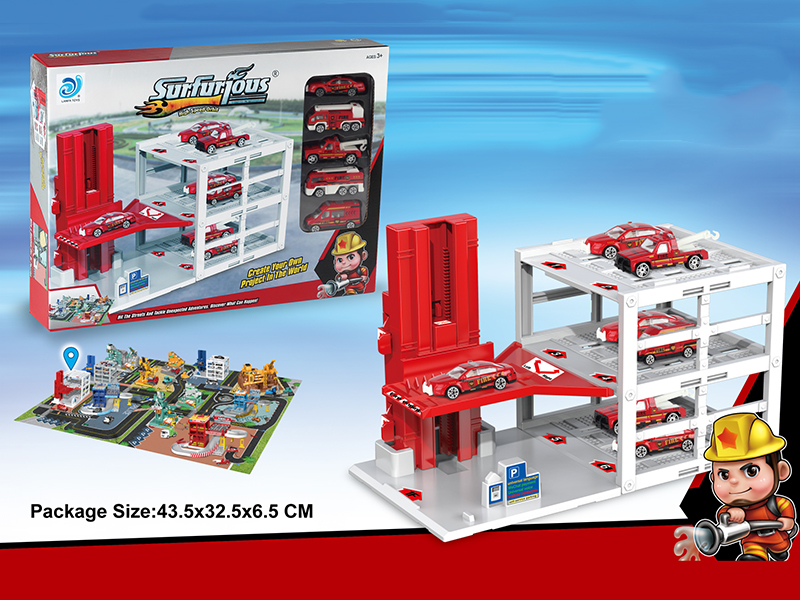 Lift Fire Control Parking Lot + 48pcs Puzzles(With 8 Alloy Cars)