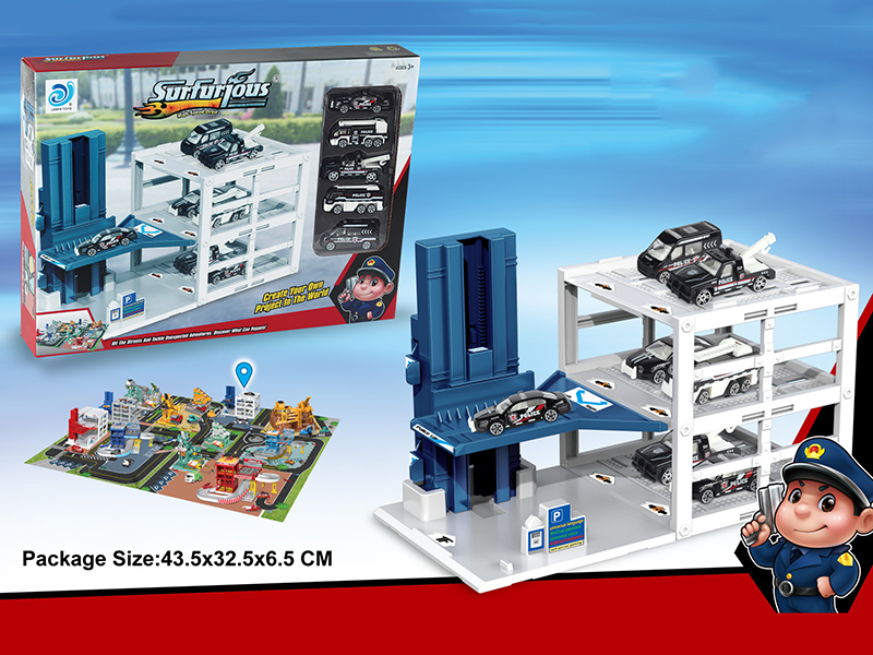 Lift Police Parking Lot + 48pcs Puzzles(With 8 Alloy Cars)