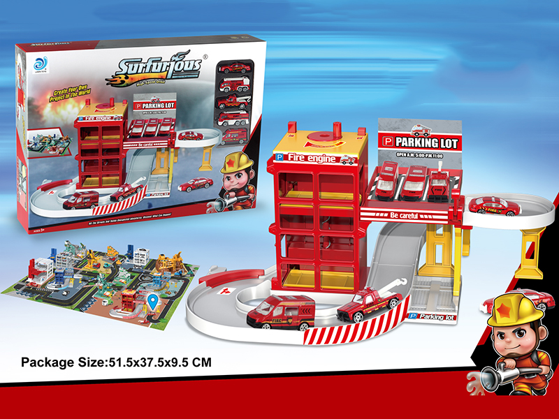 Rotating Fire Control Parking Lot + 48pcs Puzzles(With 8 Alloy Cars)
